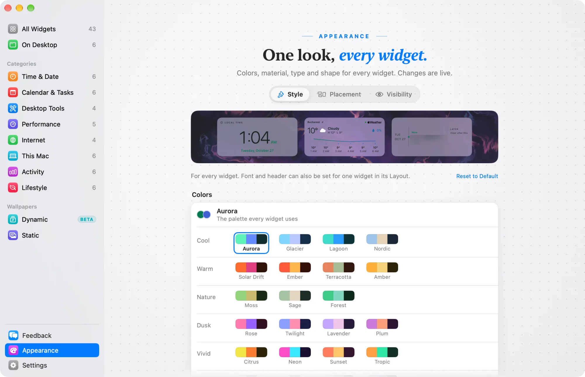 Appearance › Style: a live preview of three widgets above the palette grid