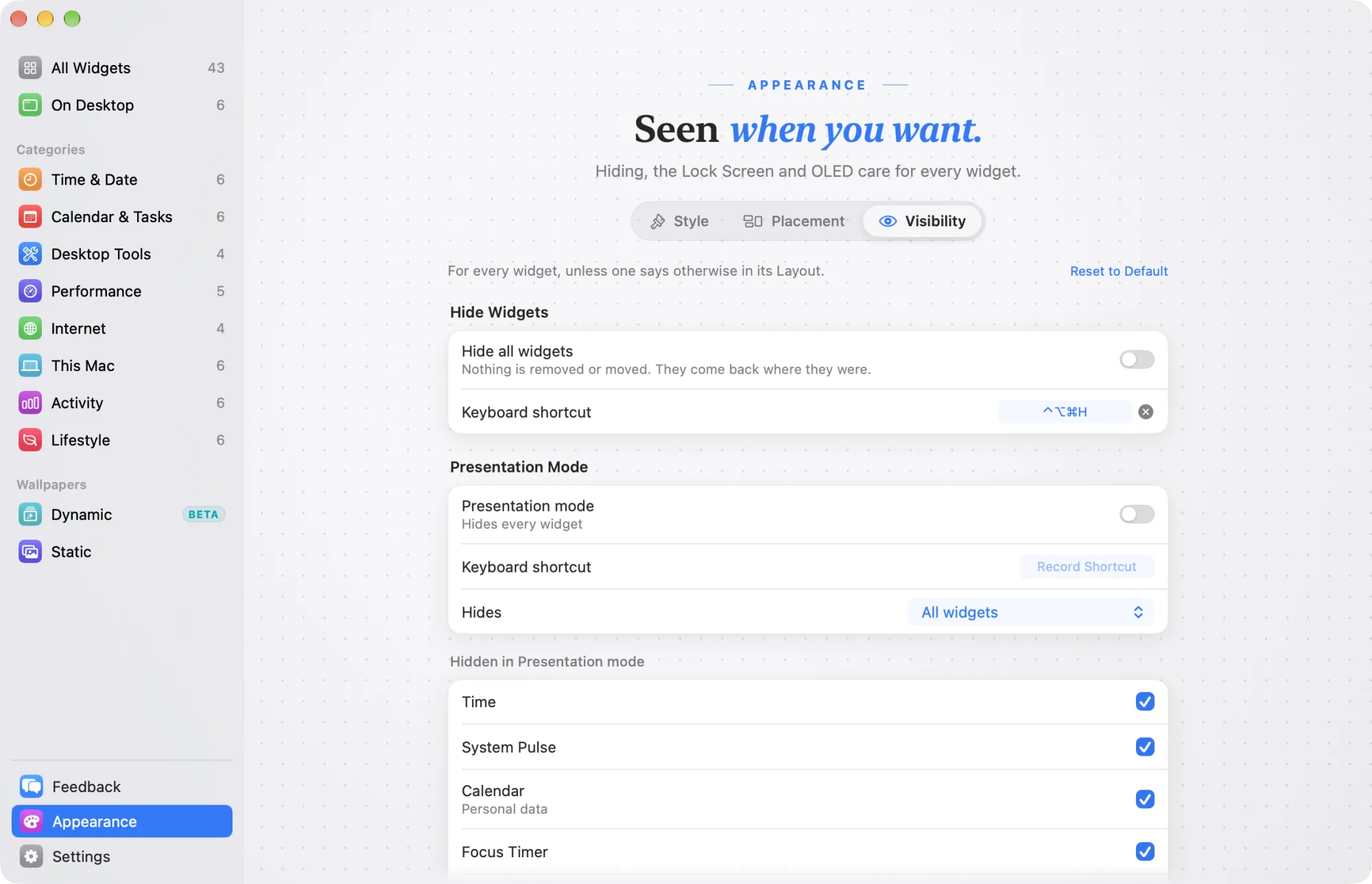 Appearance › Visibility with the Hide Widgets and Presentation Mode sections and the list of widgets it hides