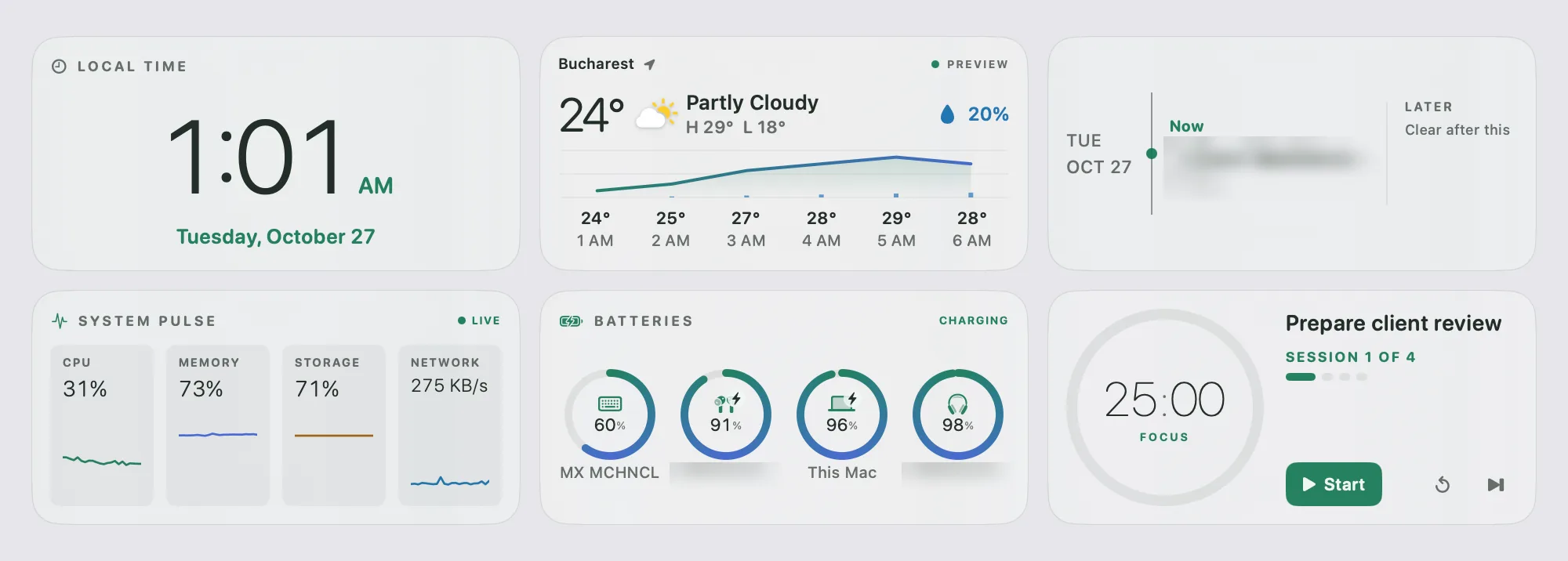 The six starter widgets in the top-left of the desktop
