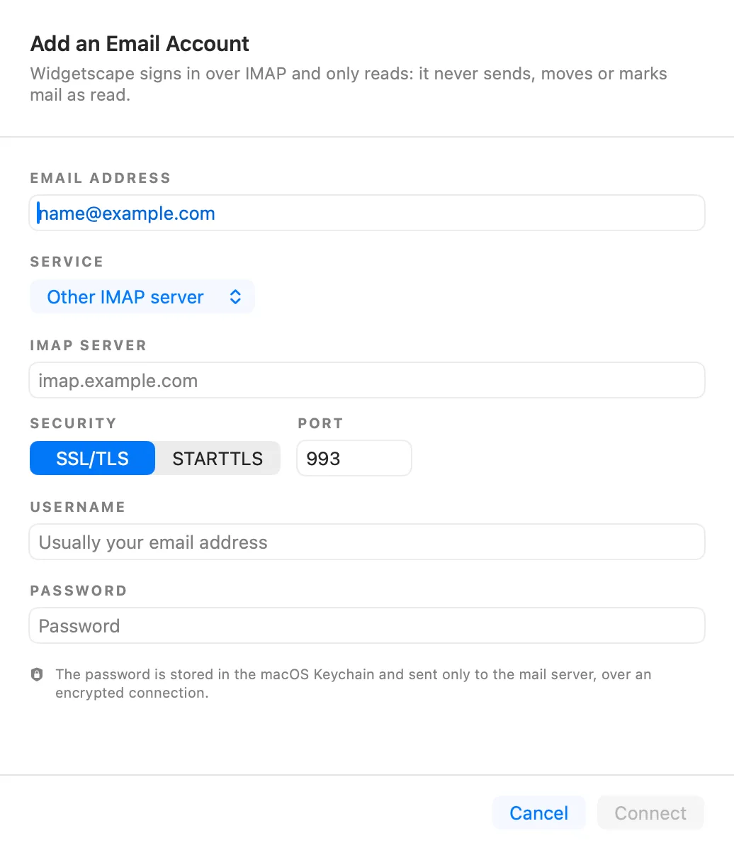The Add an Email Account form with Other IMAP server chosen and every field empty