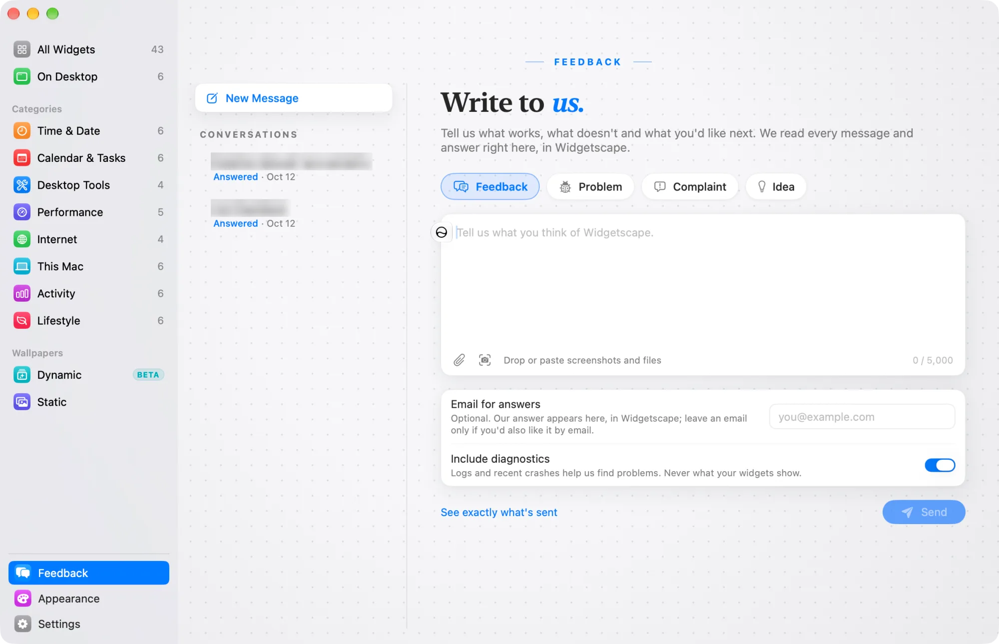 The Feedback pane with an empty message