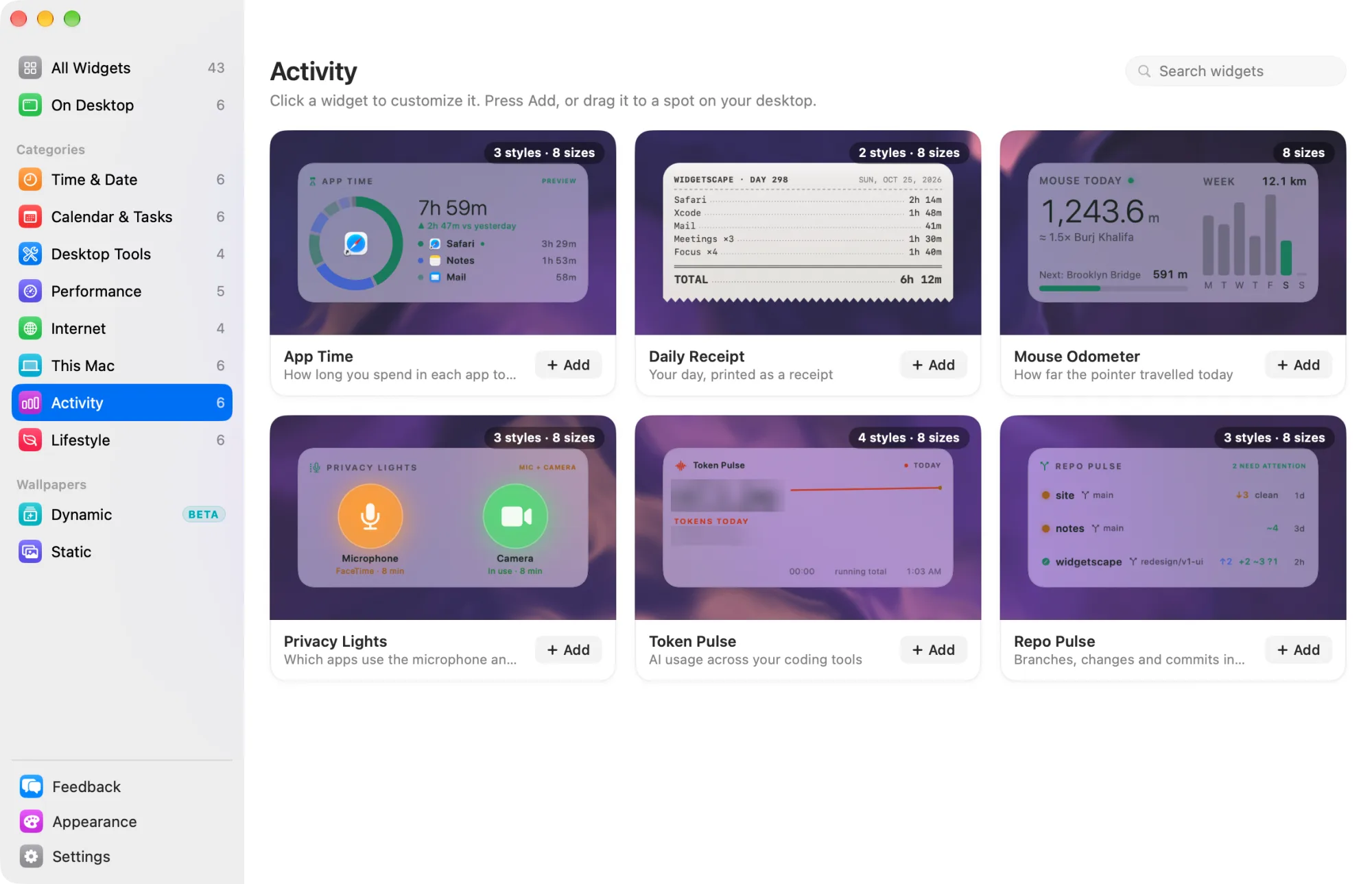 The Activity category in the widget library