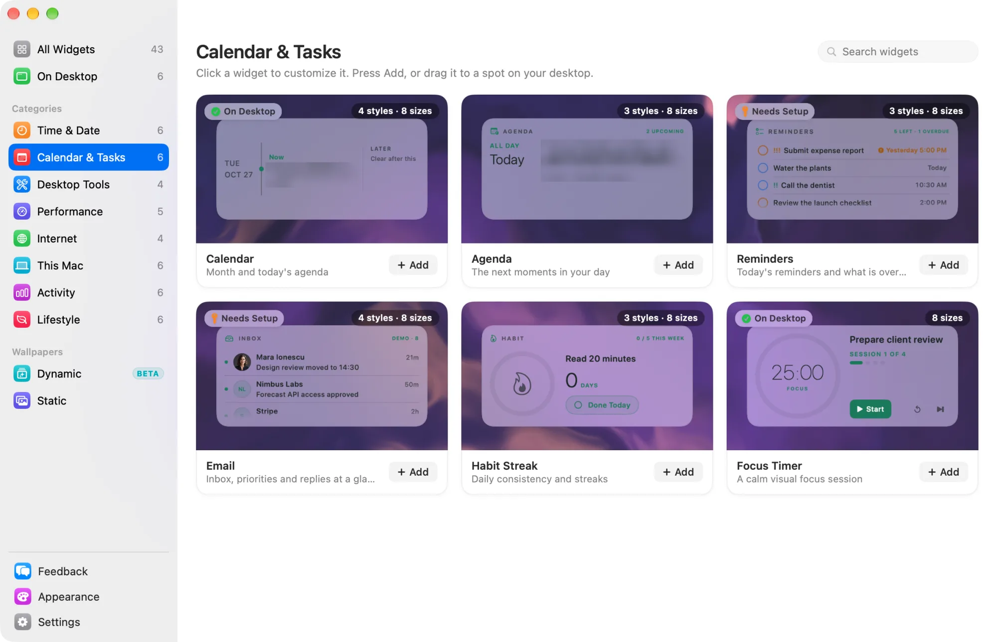 The Calendar & Tasks category in the widget library