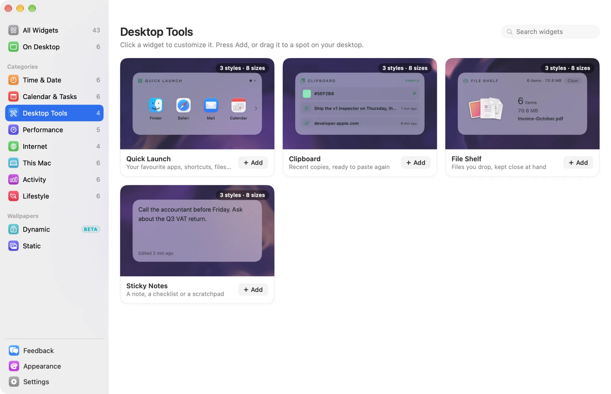 The Desktop Tools category in the widget library