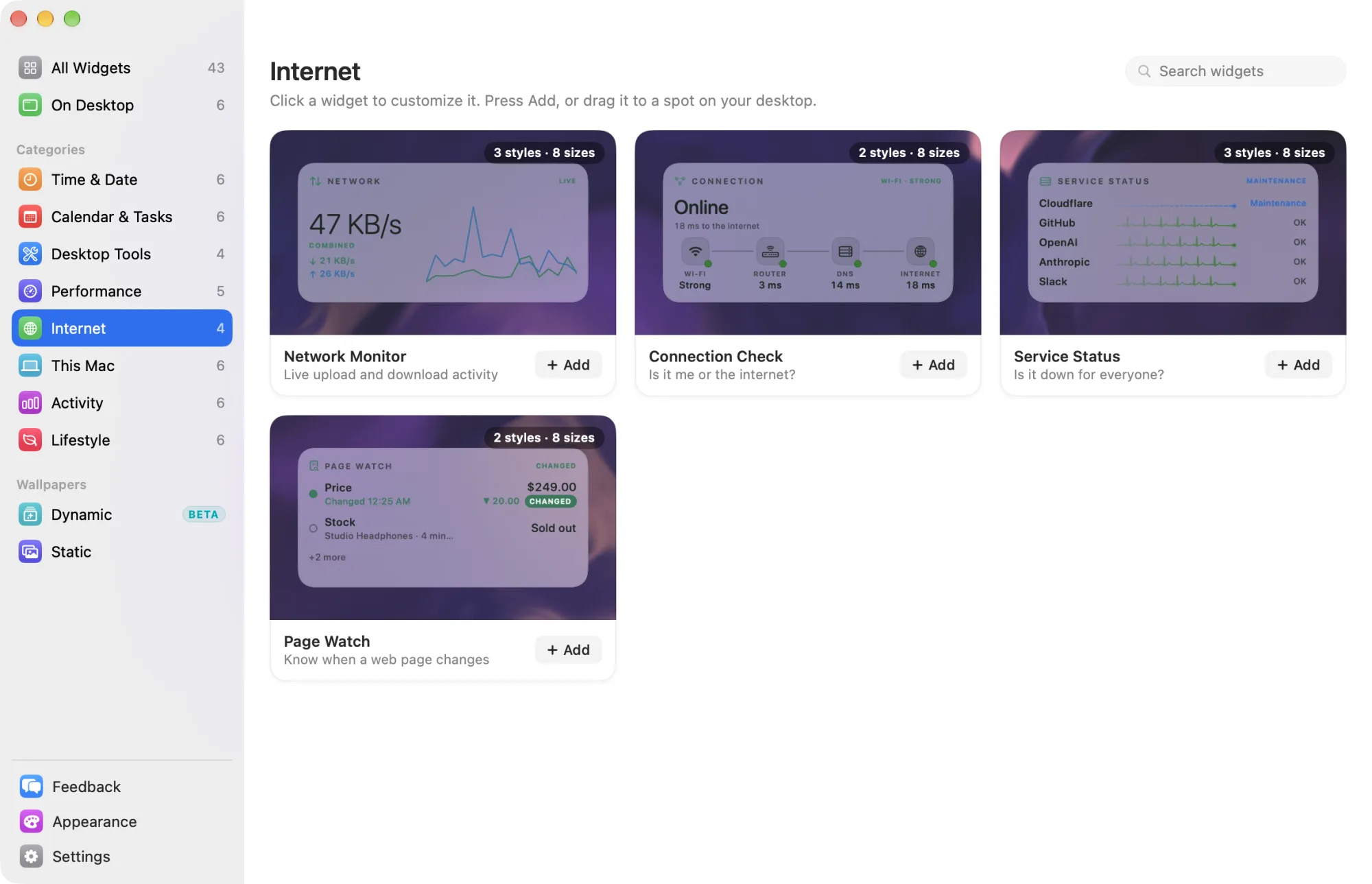 The Internet category in the widget library
