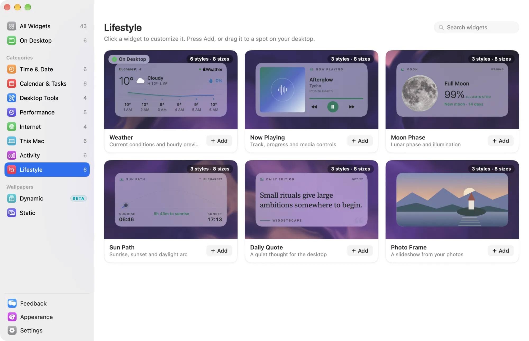 The Lifestyle category in the widget library