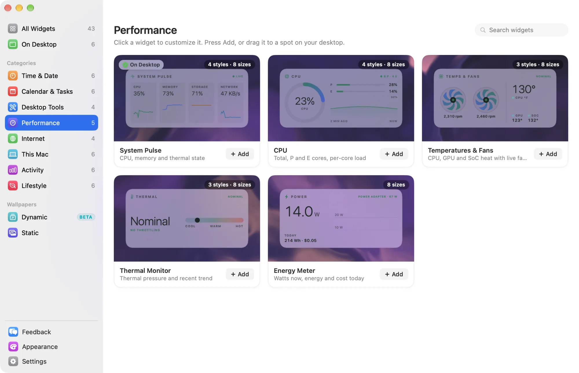 The Performance category in the widget library