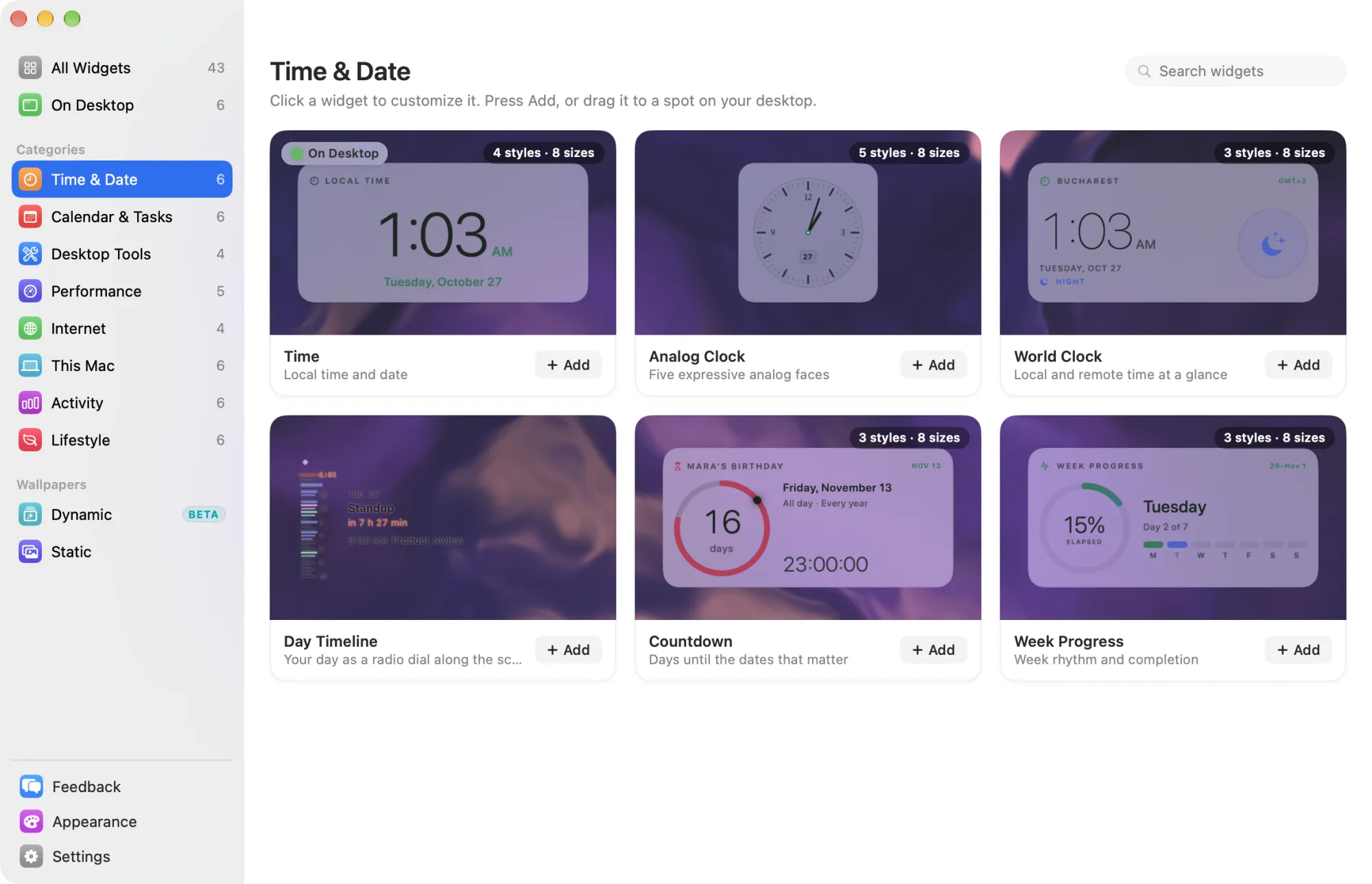 The Time & Date category in the widget library, with a card for each of its six widgets