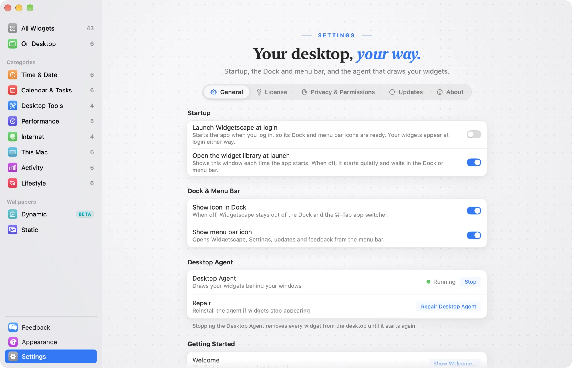 Settings, General, with Startup, Dock & Menu Bar and Desktop Agent