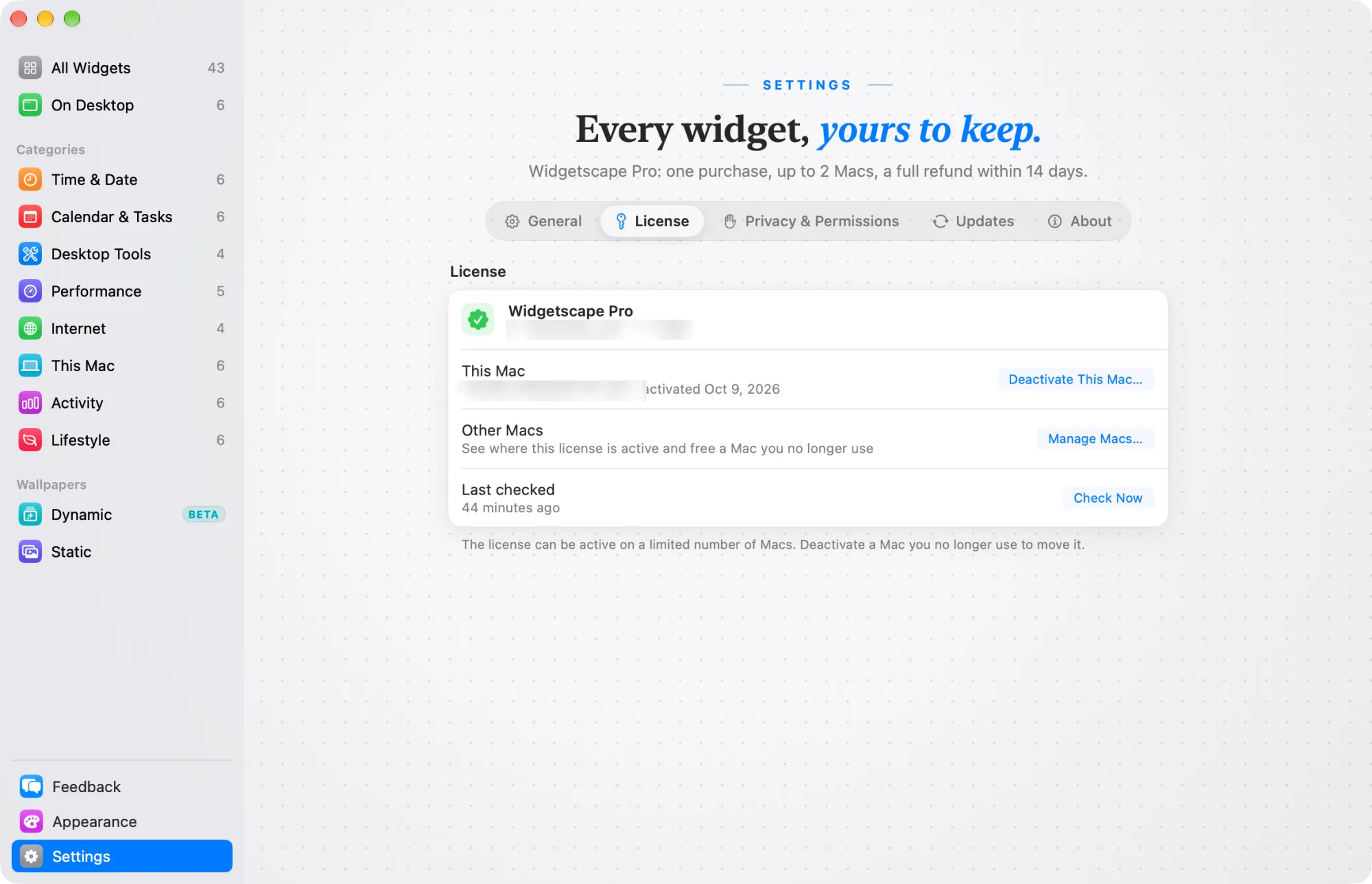Settings › License with Widgetscape Pro active: This Mac, Other Macs and Last checked