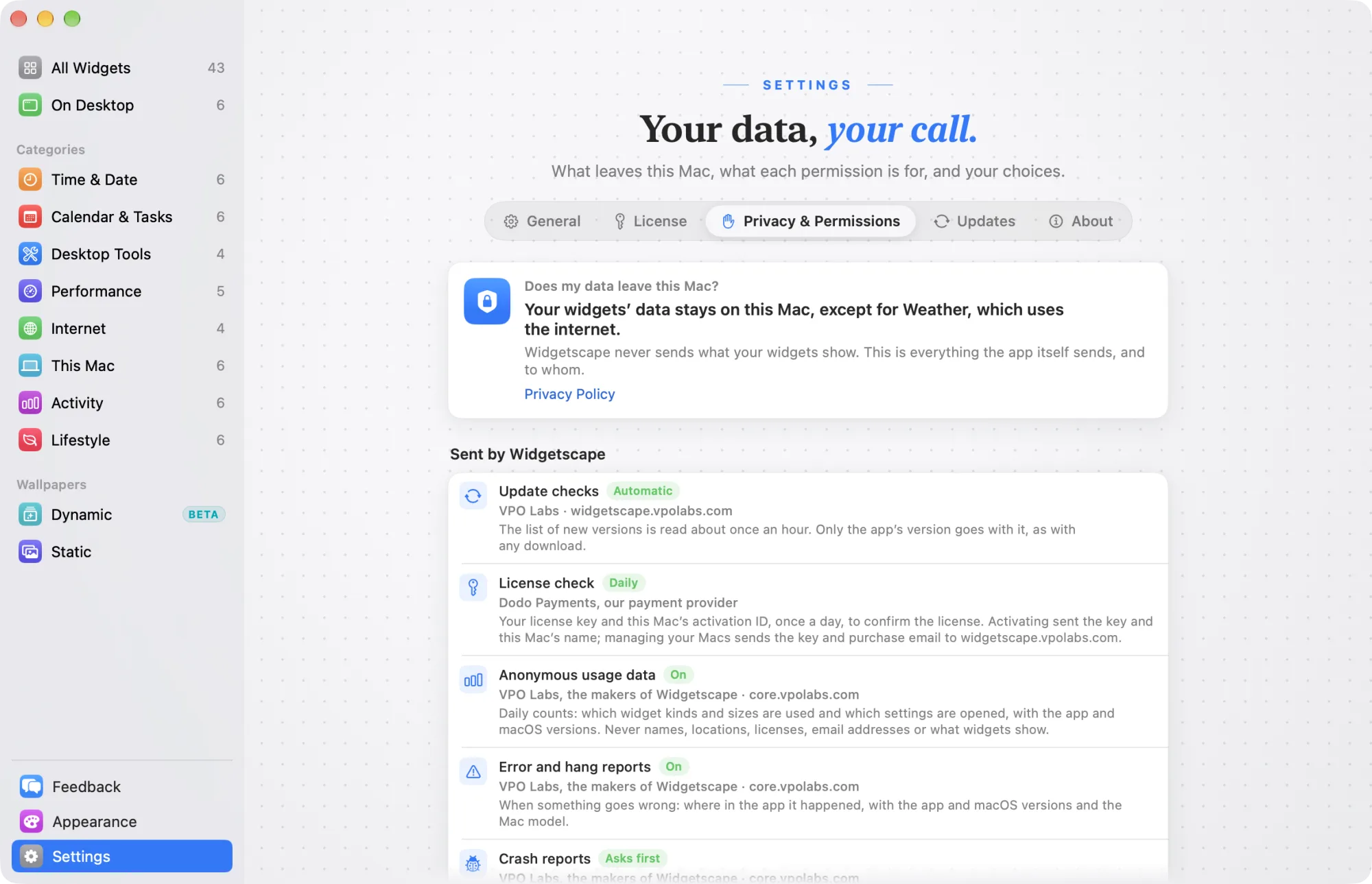 Settings, Privacy & Permissions, with the answer to “Does my data leave this Mac?” at the top