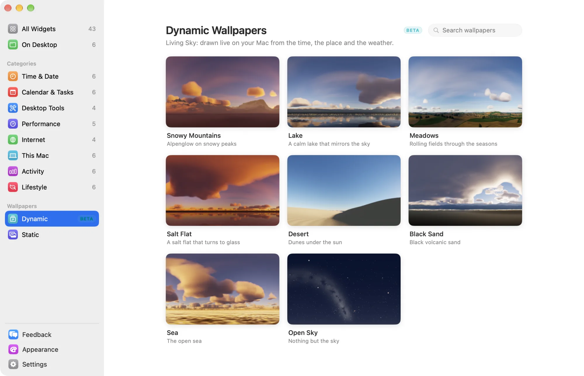 The Dynamic Wallpapers pane with the Living Sky landscapes