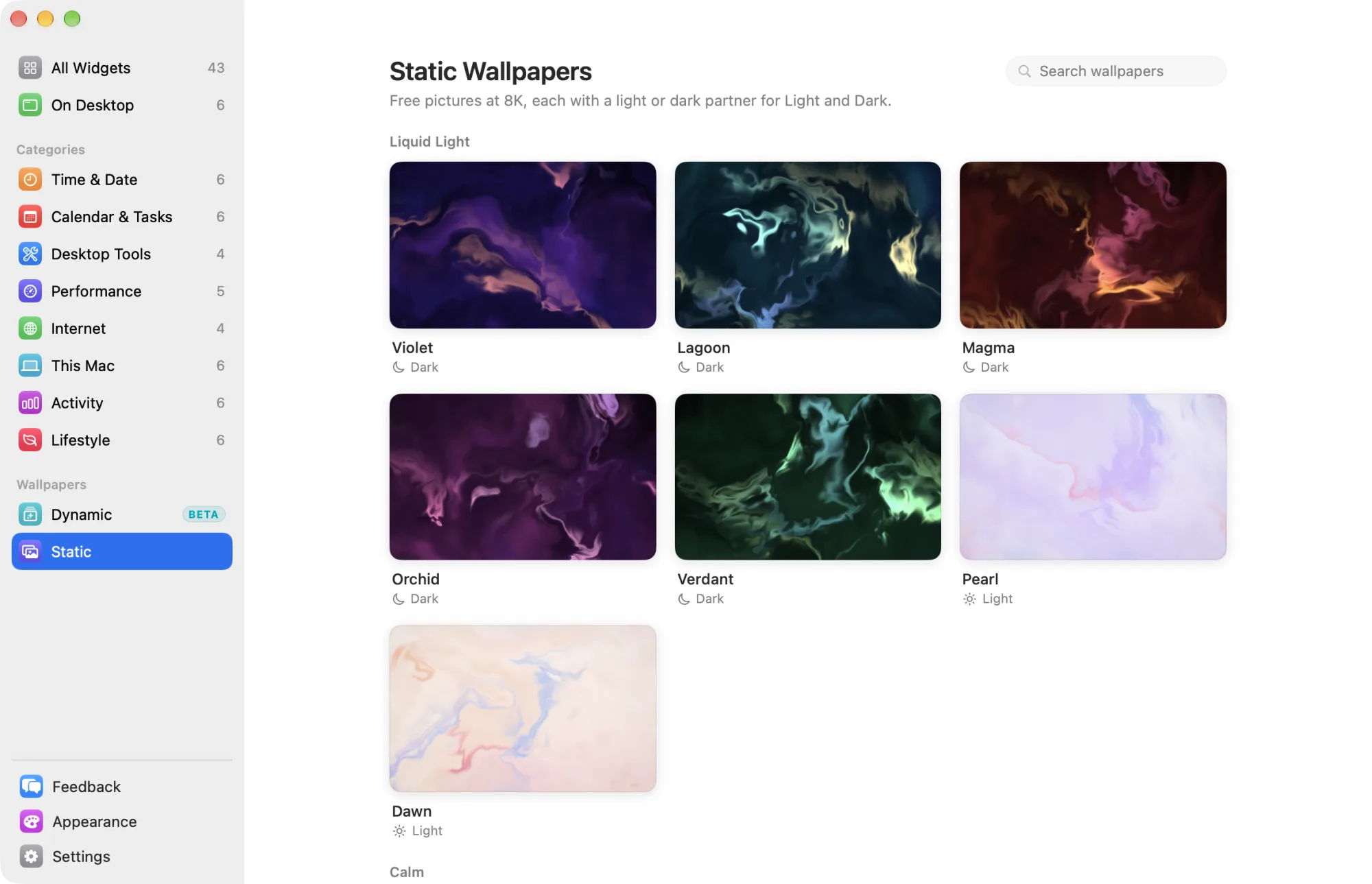The Static Wallpapers pane with wallpaper cards in collections