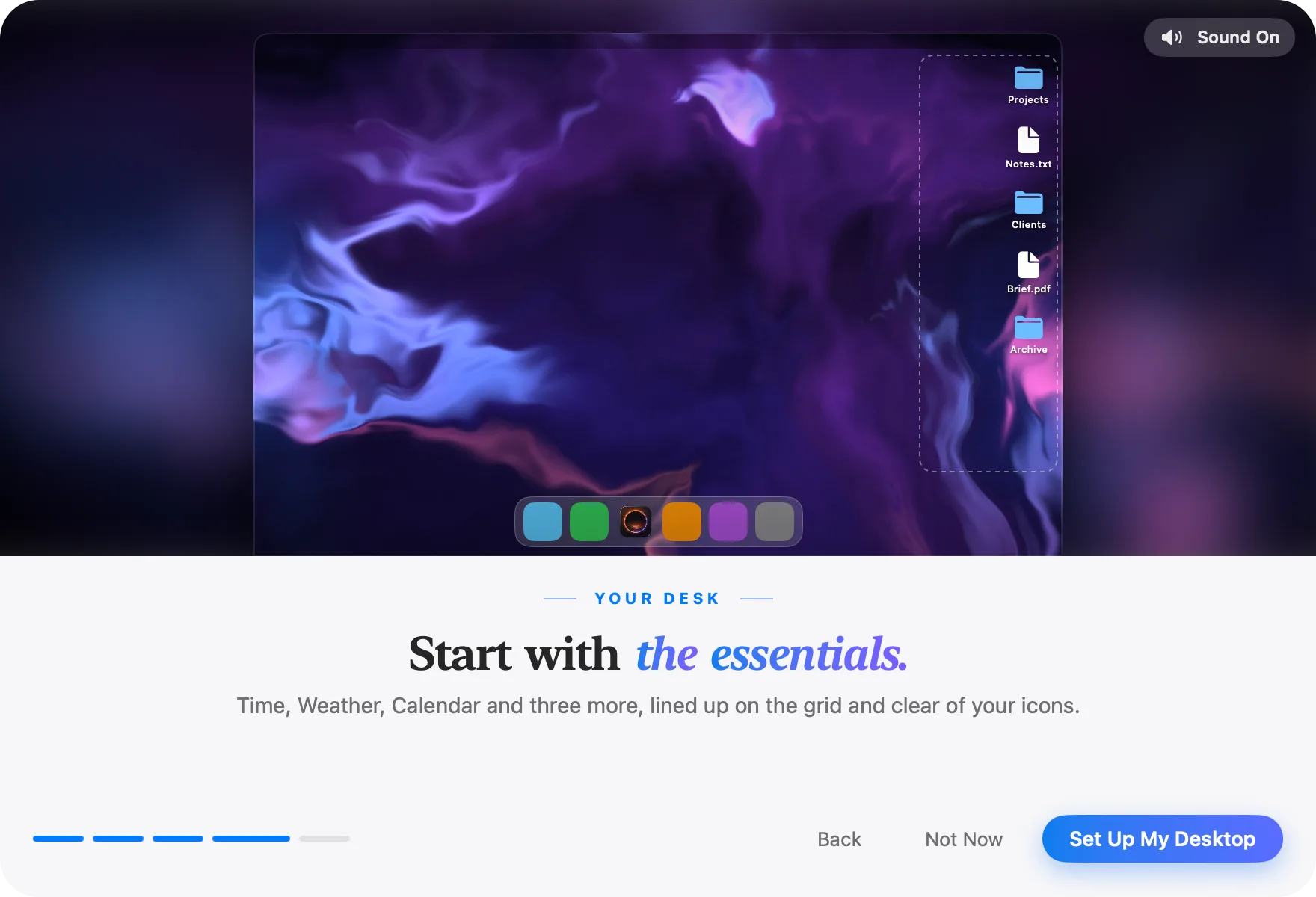 The Your Desk page of the welcome, with Set Up My Desktop and Not Now