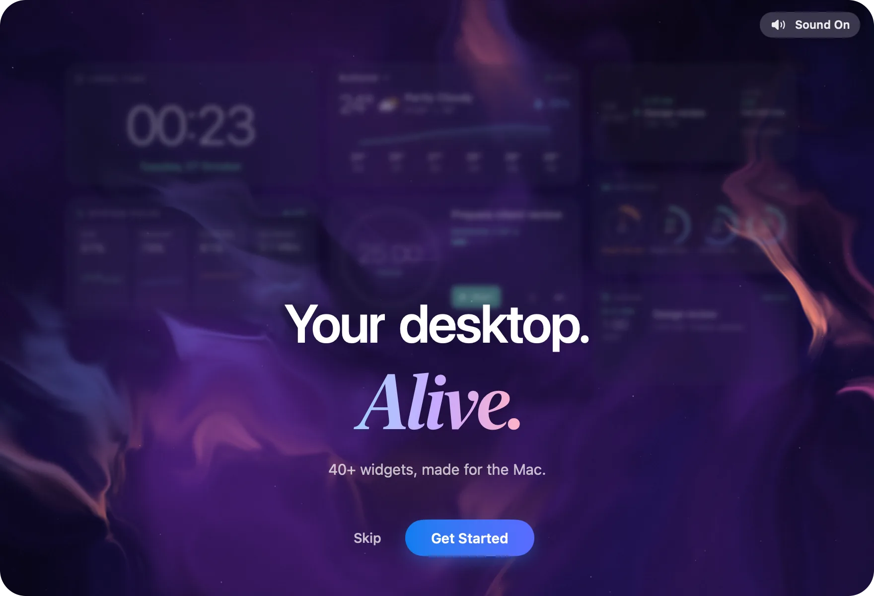 The first page of the welcome, with Get Started and Skip