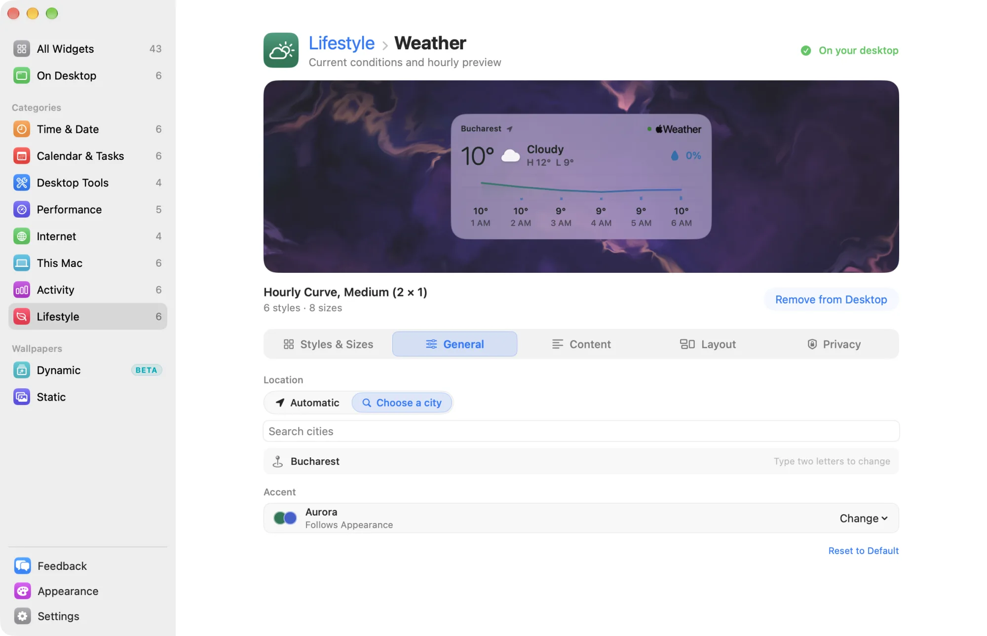 The General tab of the Weather widget