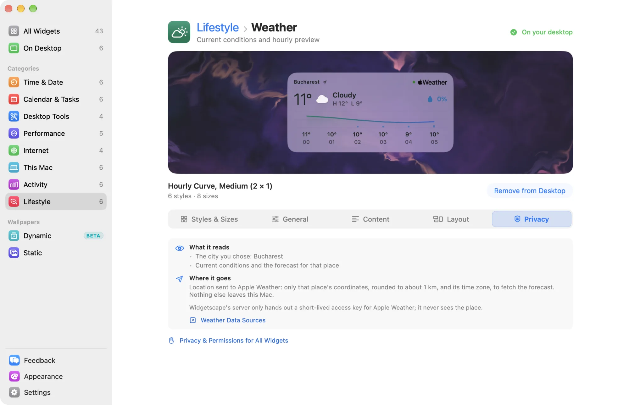 The Privacy tab of the Weather widget, with what it reads and where it goes