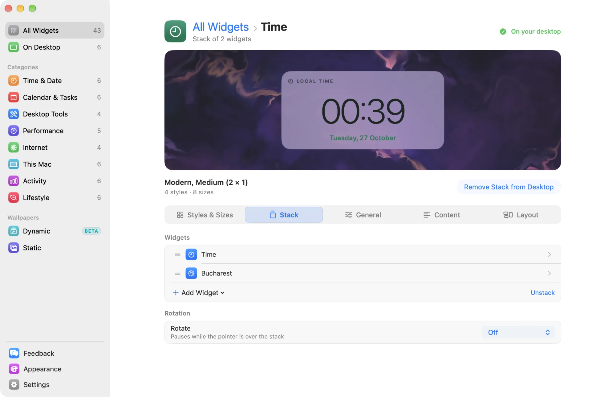 The Stack tab of a stack’s settings page, with its widgets listed in order and the Rotation setting below