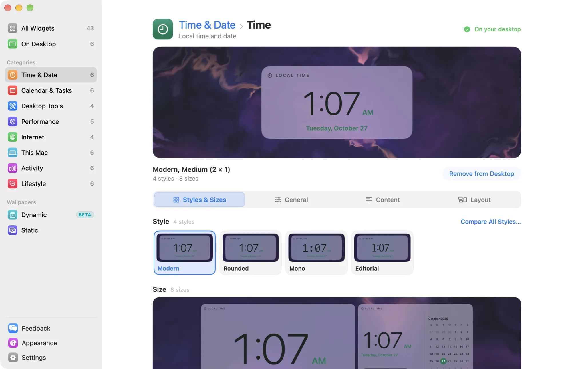 The Styles & Sizes tab of the Time widget, showing its styles