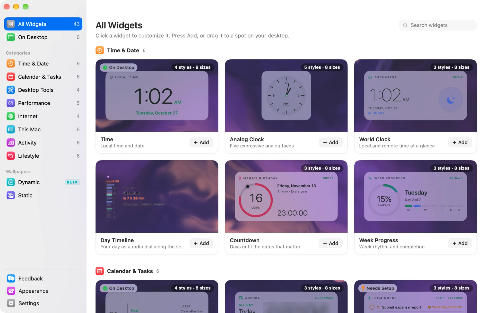 The Widgetscape window: the sidebar, and widget cards with Add buttons